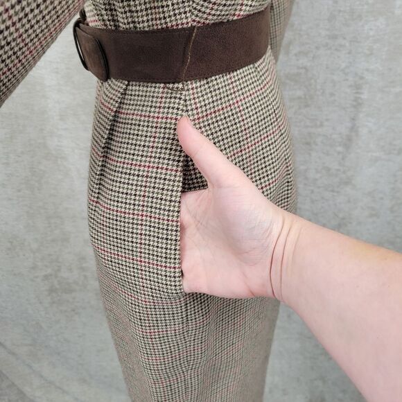 Talbots Vintage Houndstooth Plaid Elegant Brown Belted Button Front Dress - Picture 8 of 15